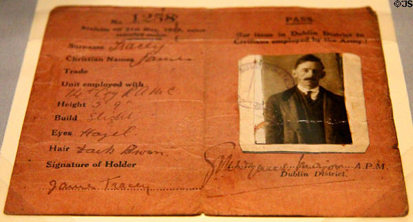 Military Pass of James Treacy (c1920) at GPO Museum. Dublin, Ireland.