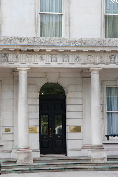 Ireland Department of Foreign Affairs & Trade building portico details opposite St Stephen's Green. Dublin, Ireland.