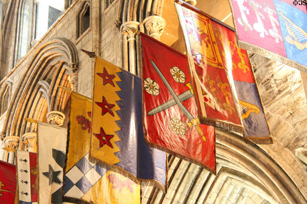 Various Irish flags over choir at St Patrick's Cathedral. Dublin, Ireland.