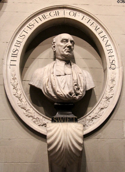 Bust of Jonathan Swift by Patrick Cunningham which stood over a bookshop until moved to Cathedral in 1776 at St Patrick's Cathedral. Dublin, Ireland.