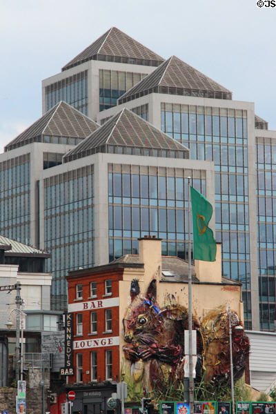 George's Quay Plaza above bar with mural of squirrel. Dublin, Ireland.