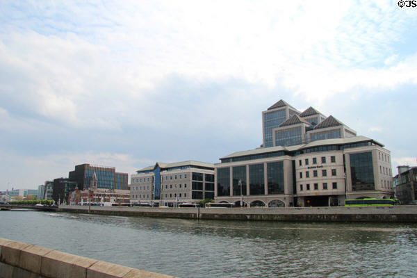 Modern structures on George's Quay along south bank of River Liffey. Dublin, Ireland.