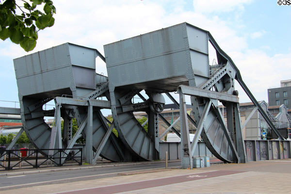 Scherzer Rolling Lift Bridges on Custom House Quay of North Dock. Dublin, Ireland.