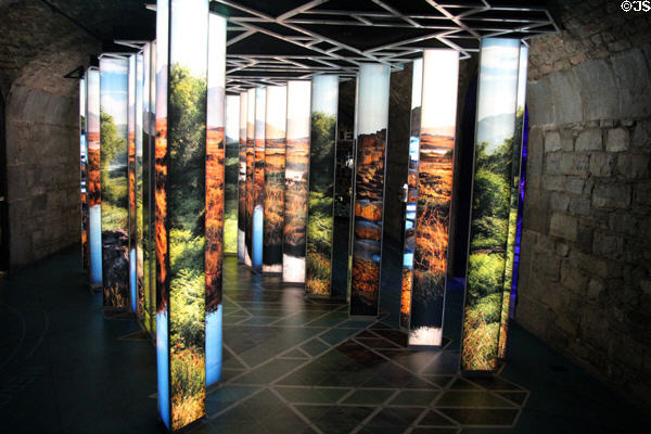 Lighted columns show Ireland that emigrants have left at Irish Emigration Museum (EPIC). Dublin, Ireland.