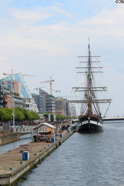 Jeanie Johnstone Tall Ship on River Liffey is replica of famine ship built in Canada which took emigrants to North America (1847-55). Dublin, Ireland.
