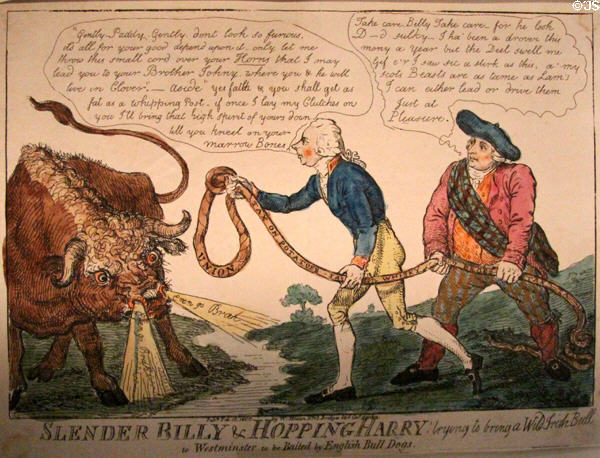 Slender Billy & Hopping Harry: trying to bring a Wild Irish Bull to Westminster cartoon (1800) reflects PM William Pitt's (Billy's) action to "tame" Ireland by making it part of UK after the Irish Rebellion of 1798 at Old Trinity Library. Dublin, Ireland.