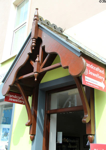 Carved wooden jewelry shop entrance in Dingle. Dingle, Ireland.