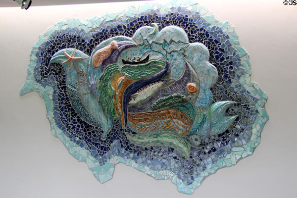 Tile mural (1993) by Ditte Kummer & Ciaran O'Connor of the Tile Works at Great Blasket Centre museum on Dingle Peninsula. Ireland.