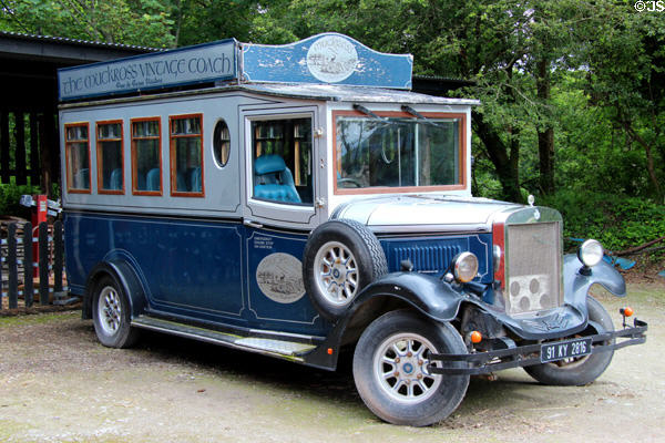 Vintage motor coach for visitor transportation at Muckross Traditional Farms in Killarney National Park. Killarney, Ireland.