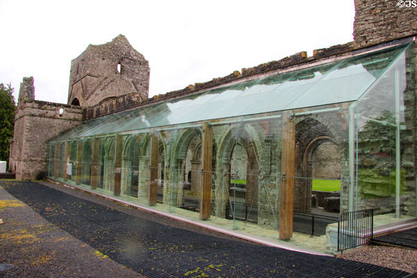 Glass cover to protect carvings in North Aisle of Boyle Abbey. Knocknashee, Ireland.