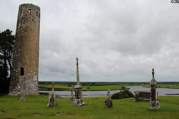 O'Rourke's Round tower at Clonmacnoise over River Shannon. Ireland.