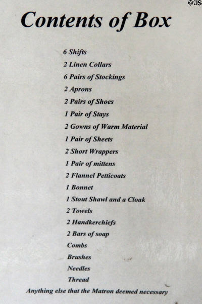 List of clothing that the Matron would provide to an emigrating resident at Irish Workhouse Centre. Portumna, Ireland.