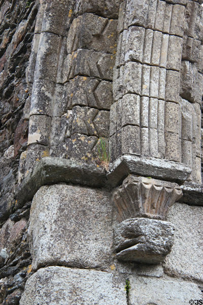 Romanesque arch carvings in cathedral ruins at Glendalough. Ireland.