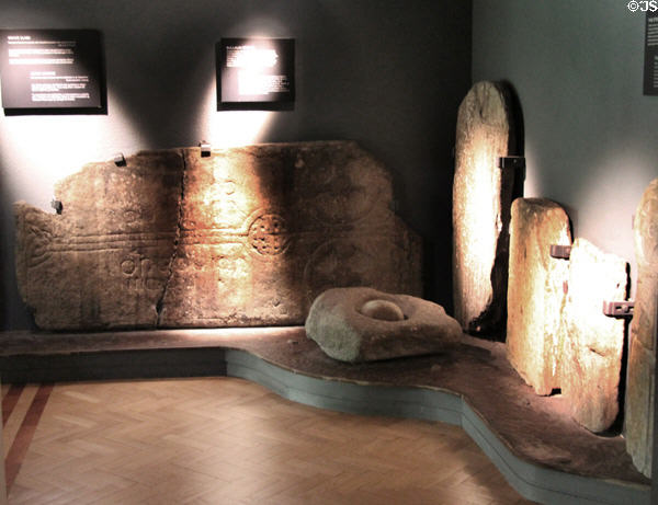 Medieval Christian tombstones at Glendalough Visitor Centre. Ireland.