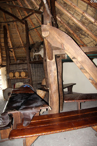 Interior of Crannog thatch at Irish National Heritage Park. Ireland.
