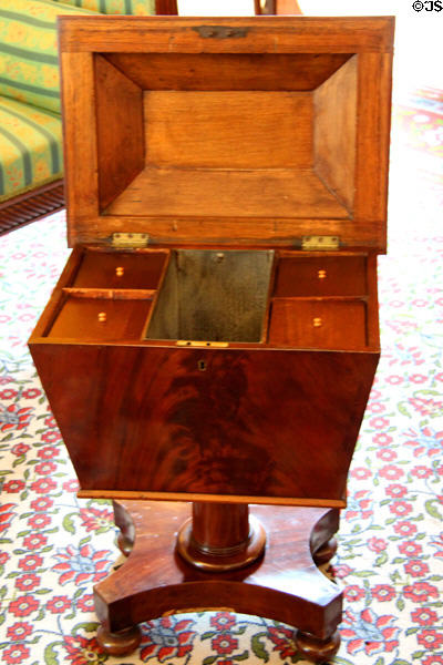 Antique tea caddy on stand in parlor at Kilkenny Castle. Ireland.