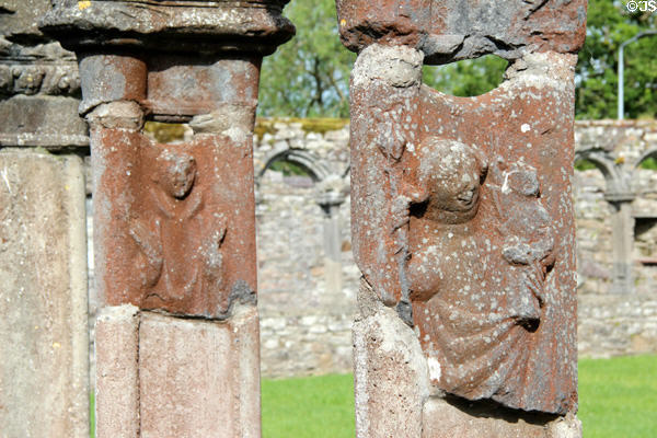 Religious carvings in reconstructed cloister enclosure at Jerpoint Abbey. Ireland.