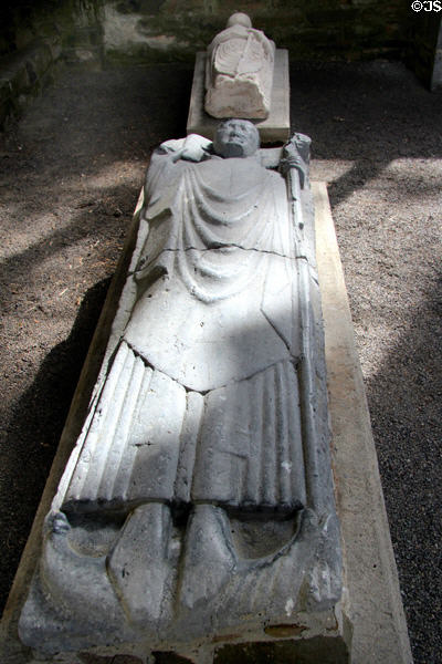 Carved bishop's tomb at Jerpoint Abbey. Ireland.