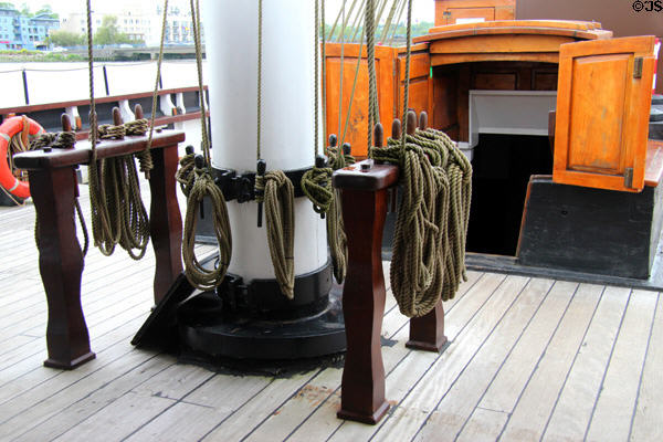 Ropes & wooden cleats at Dunbrody Famine Ship. New Ross, Ireland.
