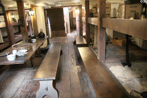 Table & benches below deck at Dunbrody Famine Ship. New Ross, Ireland.