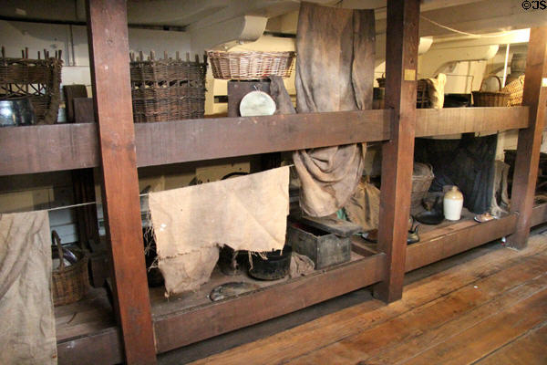 Bunks for emigrant families below deck at Dunbrody Famine Ship. New Ross, Ireland.