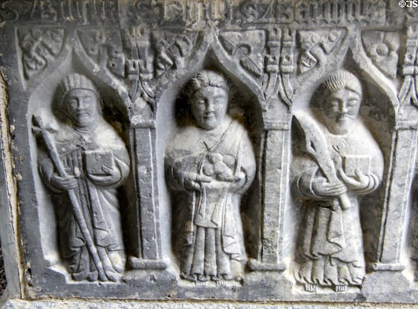 Detail of tomb (16thC) carved with saints in cathedral at Rock of Cashel. Cashel, Ireland.