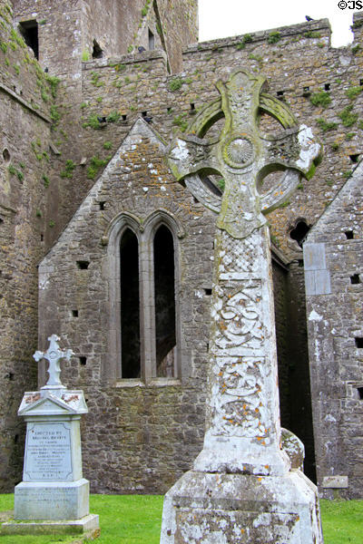 Celtic crosses near cathedral wall at Rock of Cashel. Cashel, Ireland.