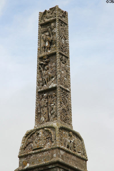 Spire monument with liturgical & Celtic knot carvings at Rock of Cashel. Cashel, Ireland.