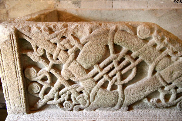 Sarcophagus carving detail with Irish design in Cormac's Chapel at Rock of Cashel. Cashel, Ireland.