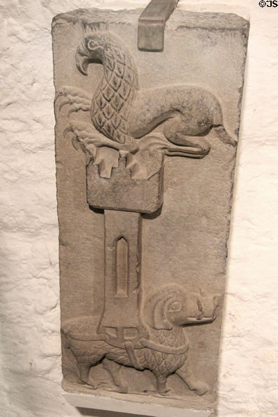 Medieval slab carved with elephant & castle at Rock of Cashel. Cashel, Ireland.