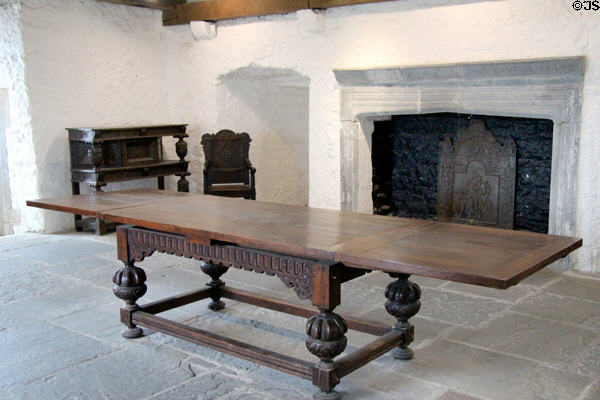 Later Tudor era fireplace & furniture within keep at Cahir Castle. Cahir, Ireland.