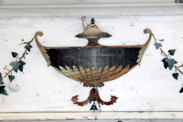 Stone inlay details of entrance hall fireplace at Bishop's Palace. Waterford, Ireland.