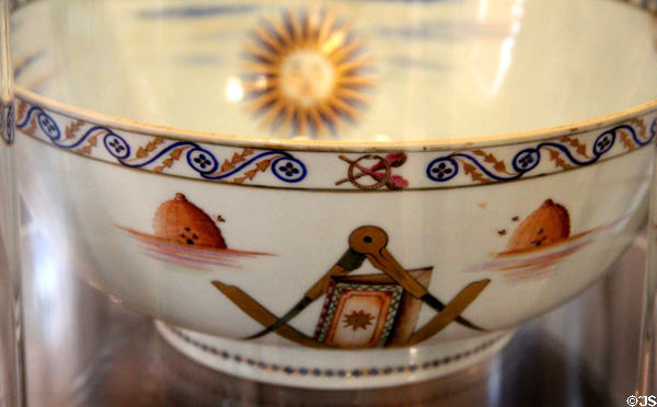 Porcelain bowl with Masonic symbols at Bishop's Palace. Waterford, Ireland.