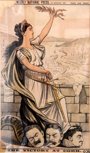 Graphic from Weekly Nation Press (Nov. 1891) showing election victory at Cork Rebellion at Bishop's Palace. Waterford, Ireland.