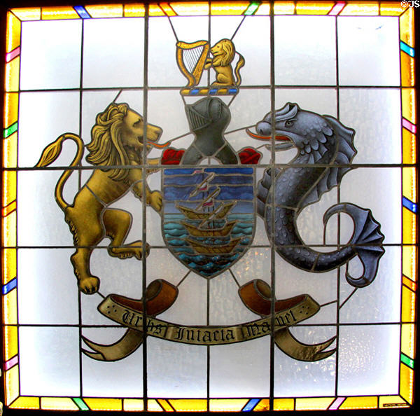 Waterford coat of arms stained glass window at Bishop's Palace. Waterford, Ireland.