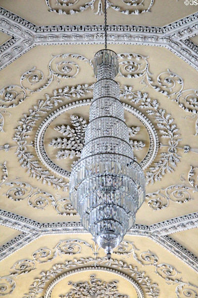Sculpted Georgian plaster ceiling decoration with Waterford chandelier at Christ Church Cathedral. Waterford, Ireland.