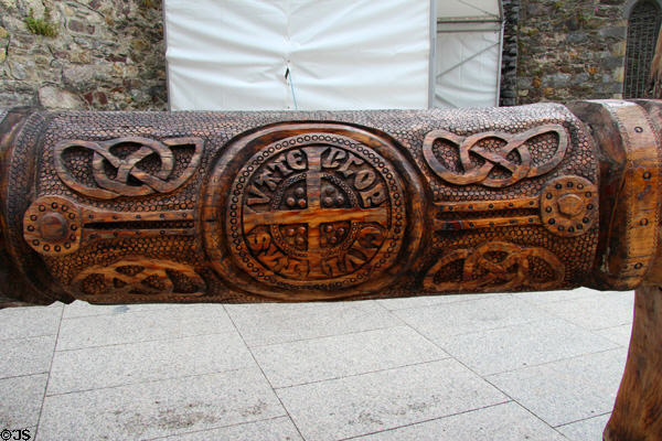 Anglo-Norman Waterford coin (1281) detail of Viking sword sculpture by John Hayes near Reginald's Tower. Waterford, Ireland.