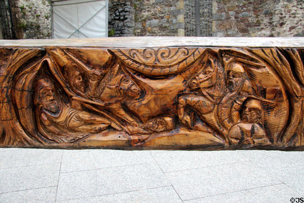 Battle of Clontarf (1014) where King Brian Boru & Waterford Viking allies defeat Dublin Vikings detail of Viking sword sculpture by John Hayes near Reginald's Tower. Waterford, Ireland.