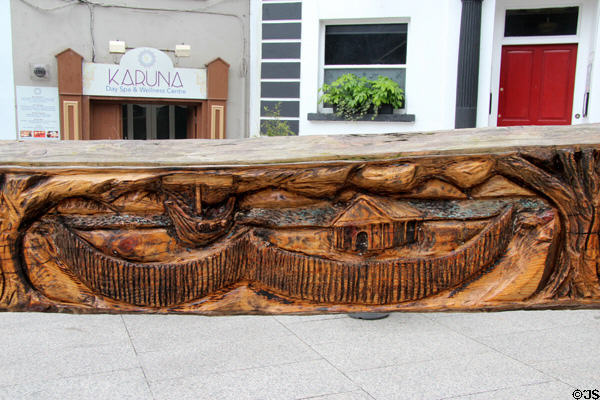 Viking start villages (840s) to aid in their raids detail of Viking sword sculpture by John Hayes near Reginald's Tower. Waterford, Ireland.