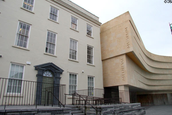 Medieval Museum building (2012) beside Georgian mansion in Viking Triangle at Museum of Treasures. Waterford, Ireland.