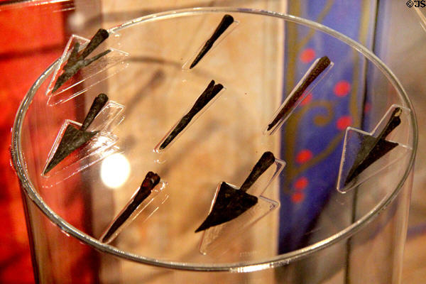 Arrowheads excavated from siege of Waterford (c1170) with slim ones (bodkins) designed to pierce chainmail at Museum of Treasures. Waterford, Ireland.