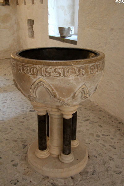 Baptismal font on lowest level at Desmond Castle. Newcastle West, Ireland.
