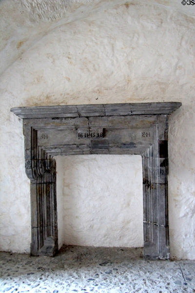 Carved stone fireplace surround at Desmond Castle. Newcastle West, Ireland.
