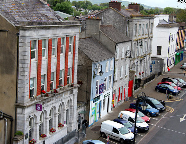 Shops around town square viewed from Desmond Castle. Newcastle West, Ireland.