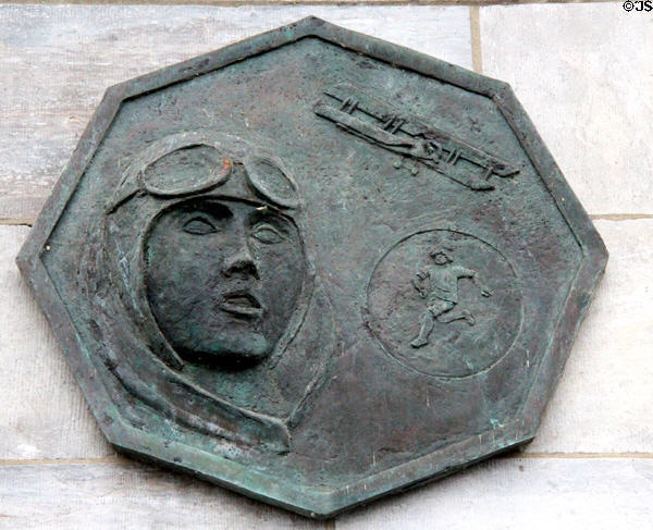 Carved tribute to Sophie Peirce, who grew up in Newcastle West area and, in the 1920's, was famous for her athletic triumphs & her aviation career. Newcastle West, Ireland.