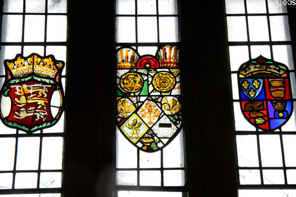 Stained glass shields in Main Guard at Bunratty Castle. County Clare, Ireland.