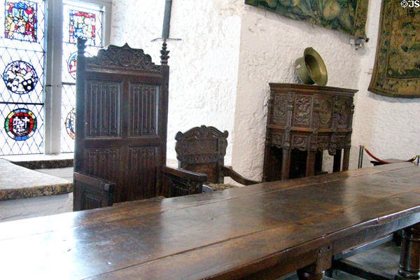 Great chair at the high table in Great Hall at Bunratty Castle. County Clare, Ireland.