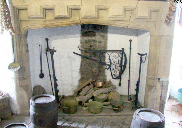 Earl's kitchen where food was cooked for guests in the Great Hall at Bunratty Castle. County Clare, Ireland.
