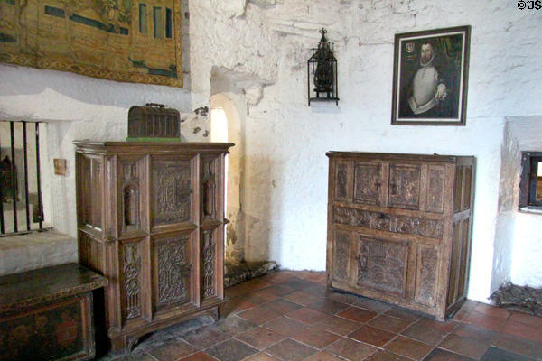 Carved wood cupboards in Earl's private apartments at Bunratty Castle. County Clare, Ireland.