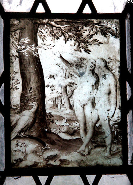 Stained glass window showing Adam & Eve in Earl's private apartments at Bunratty Castle. County Clare, Ireland.